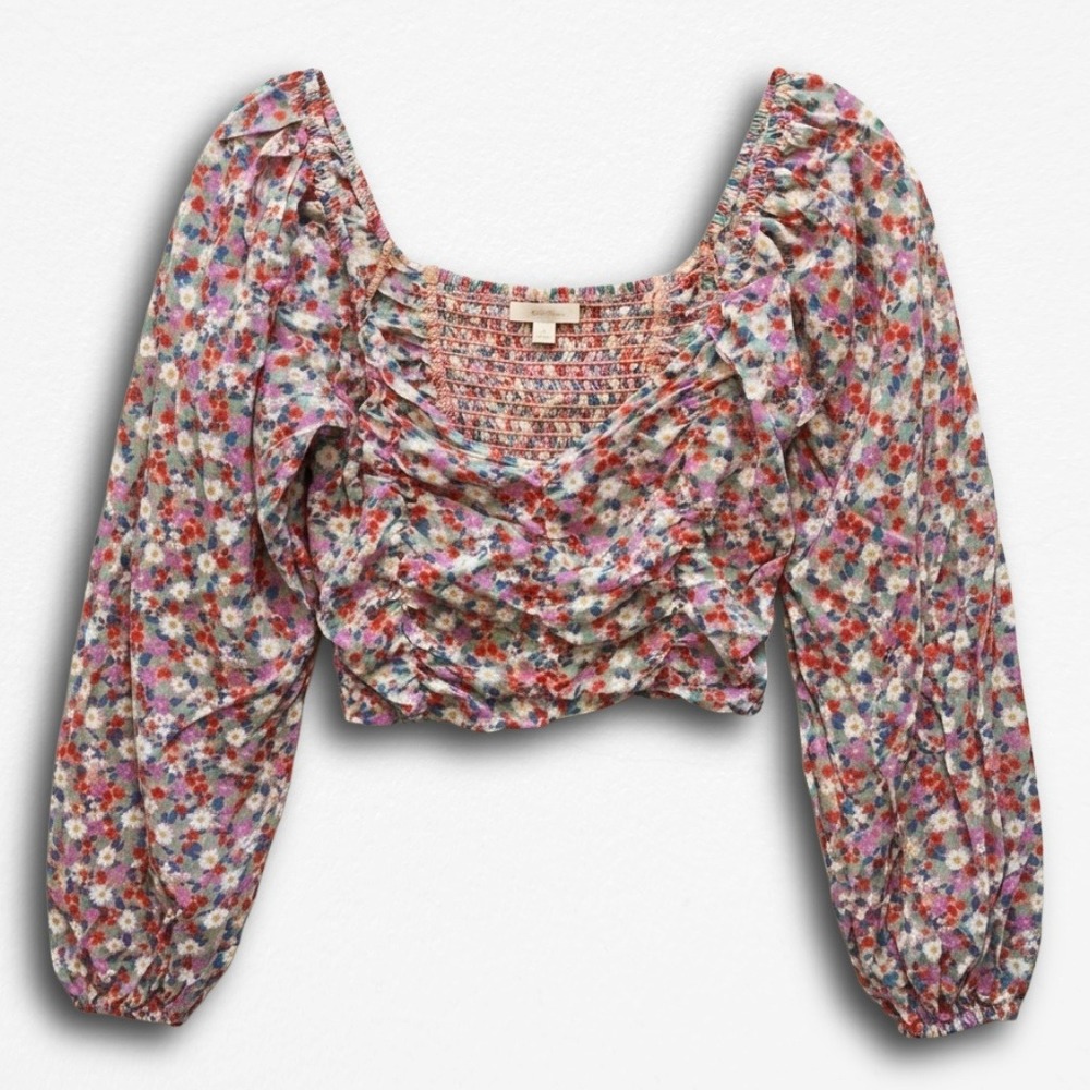 Billabong x The Salty Blonde Floral Crop Top Smocked Long Sleeve Square Neck‎ S